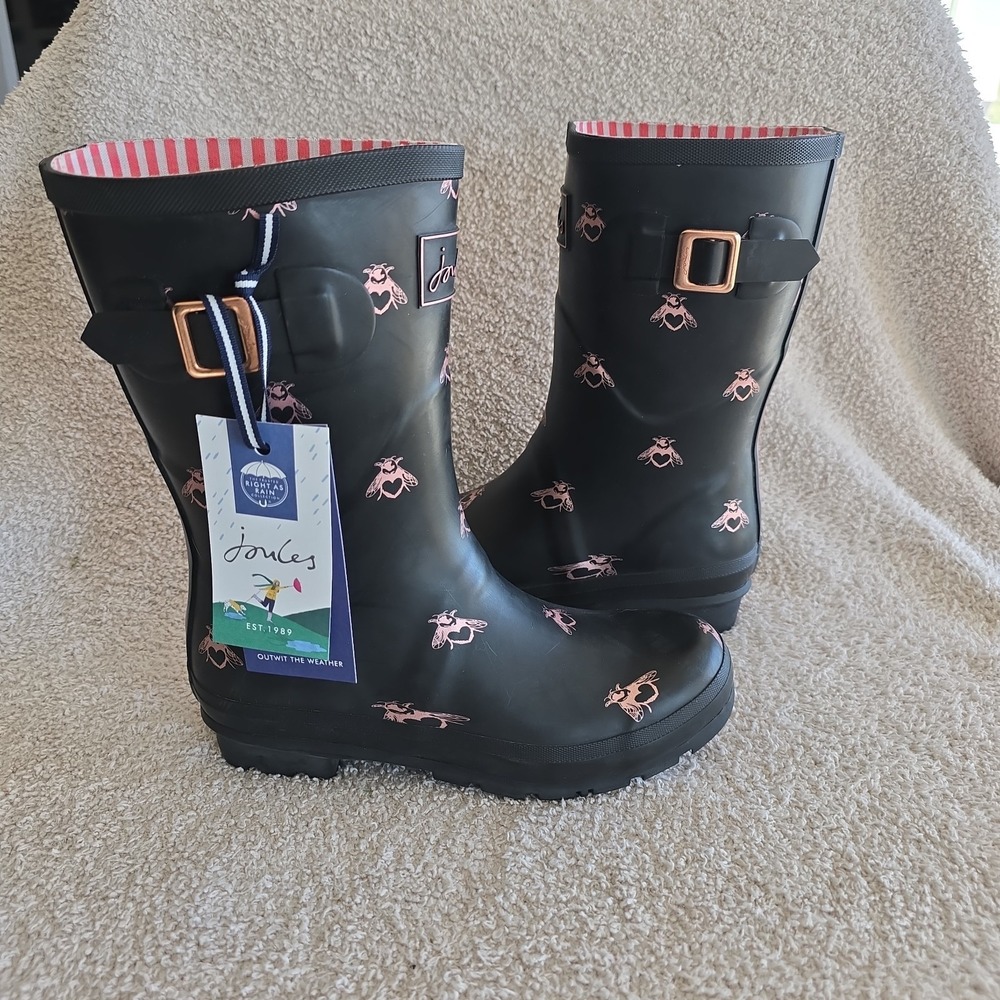 Joules Molly Welly Mid Rain Boots Black Honey Bees Pink Women's Size 8 NWT